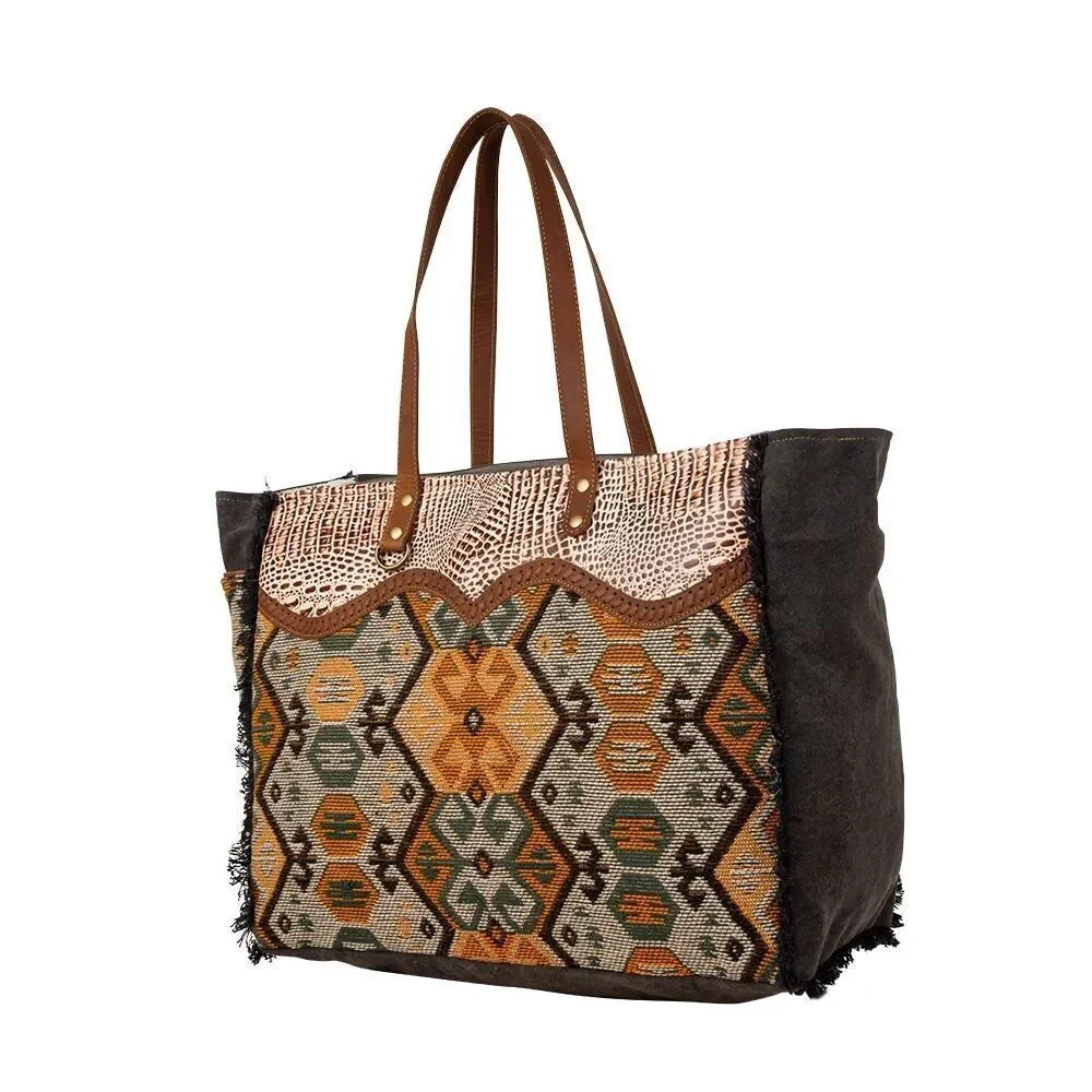 Myra Bag Handmade Seneca Weekender Bag Upcycled Canvas & Cowhide Leather